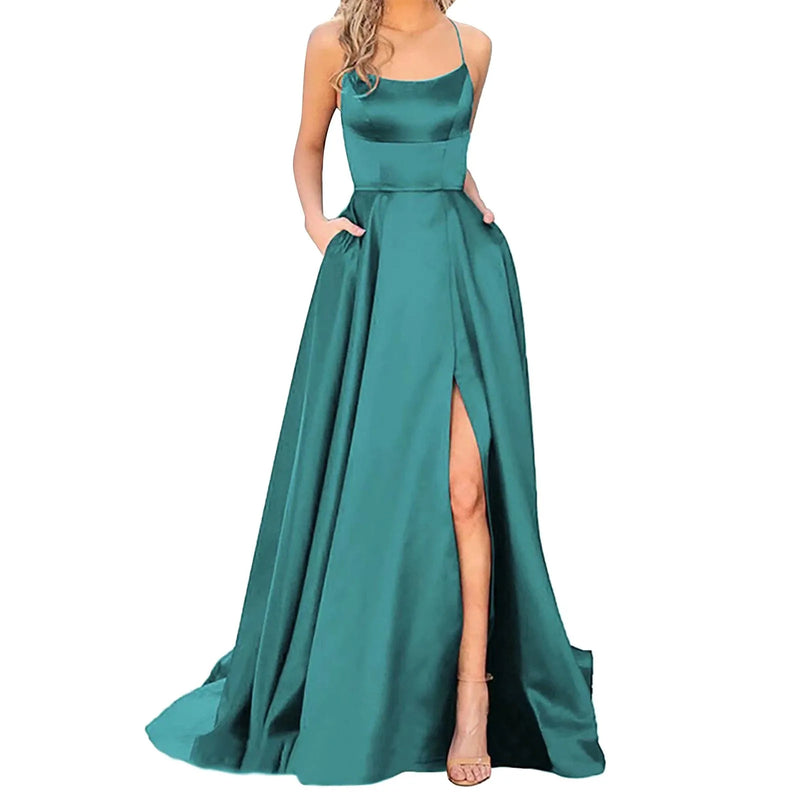 Solid Fit And Flare Women Prom Dresses Ladies Long Lady Elegant Backless Long Dresses Side Slit Wedding Evening Party Dress