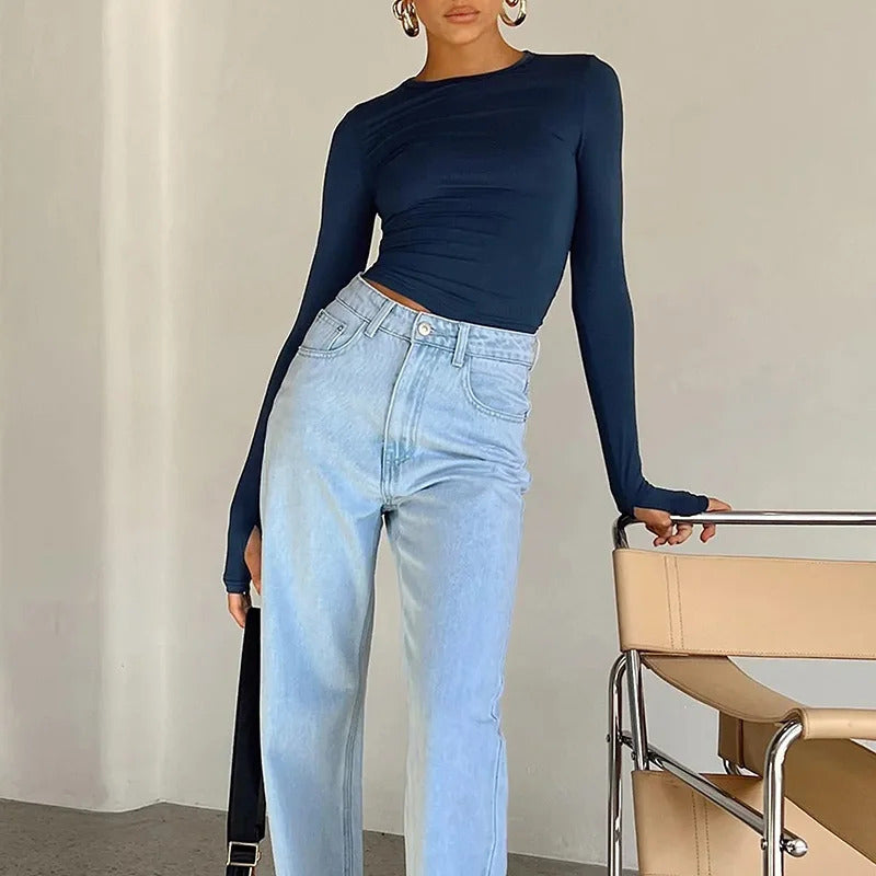 Fashion Women T-shirt Long Sleeve Crew Neck Solid Slim Fit Ladies Crop Top with Thumb Holes for Daily Streetwear Summer Camis