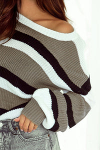 Gray Striped Colorblock Pattern Knit Sweater