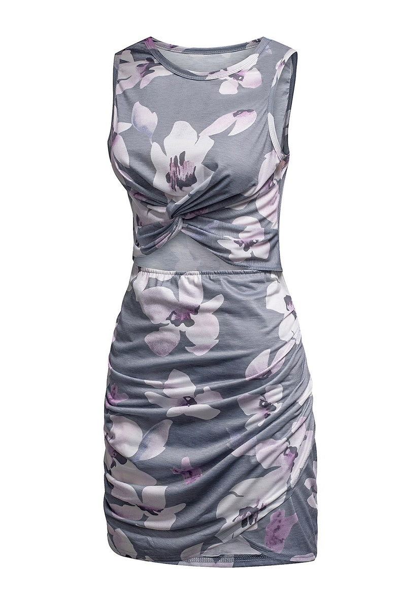 Gray Floral Print Hollow Out Wrap Tie Mini Dress