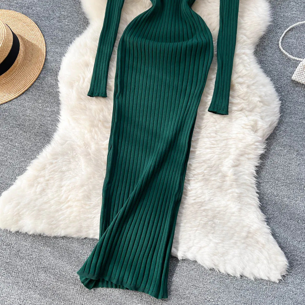 SINGREINY Winter Women Knit Maxi Dress O Neck Autumn Long Sleeve Slim Solid Harajuku Ladies Fashion Pencil Sweater Long Dresses