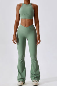 Grass Green Active Push up Bra and Arched Flare Pants Workout Set