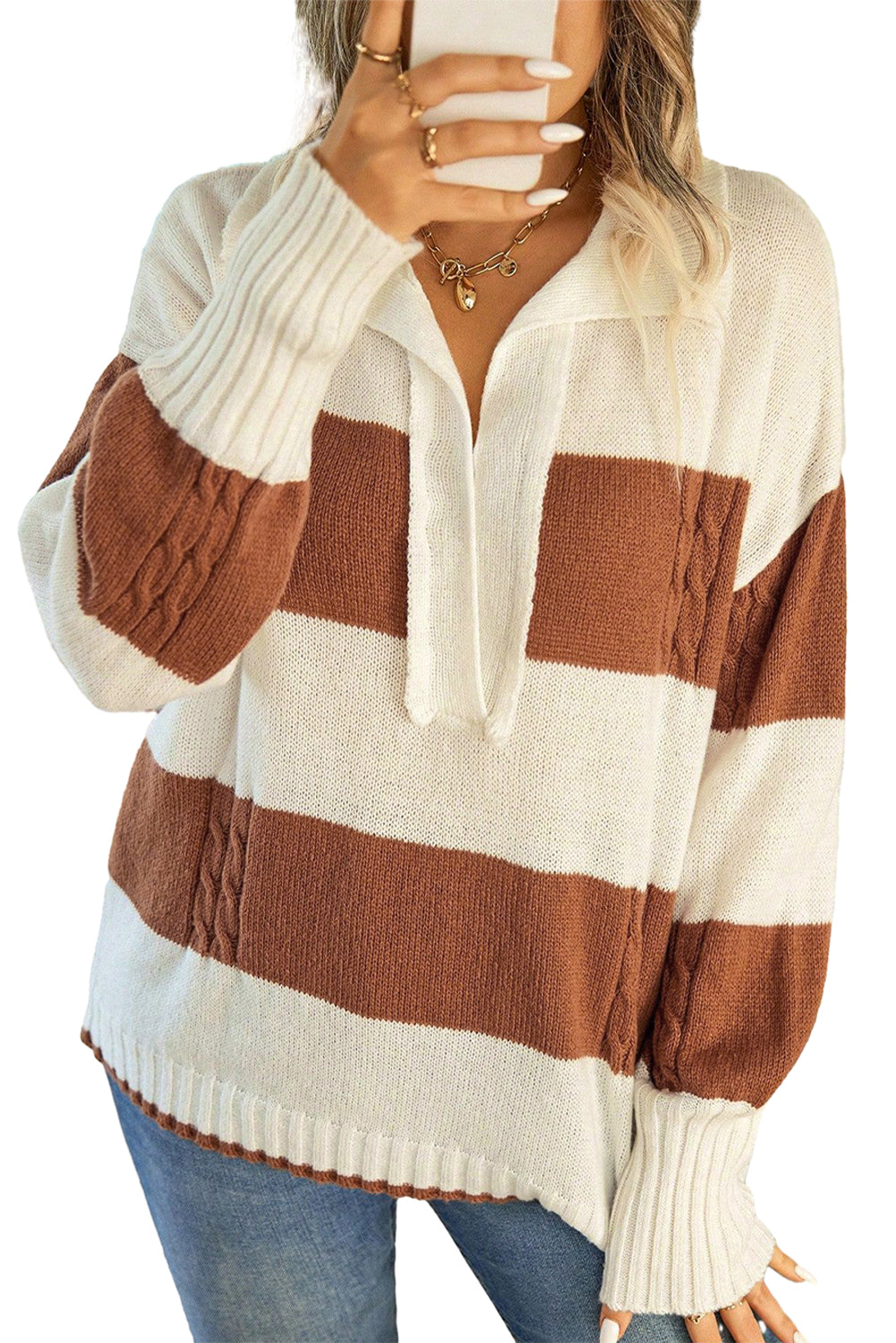 Stripes Collared Neck Corded Sweater