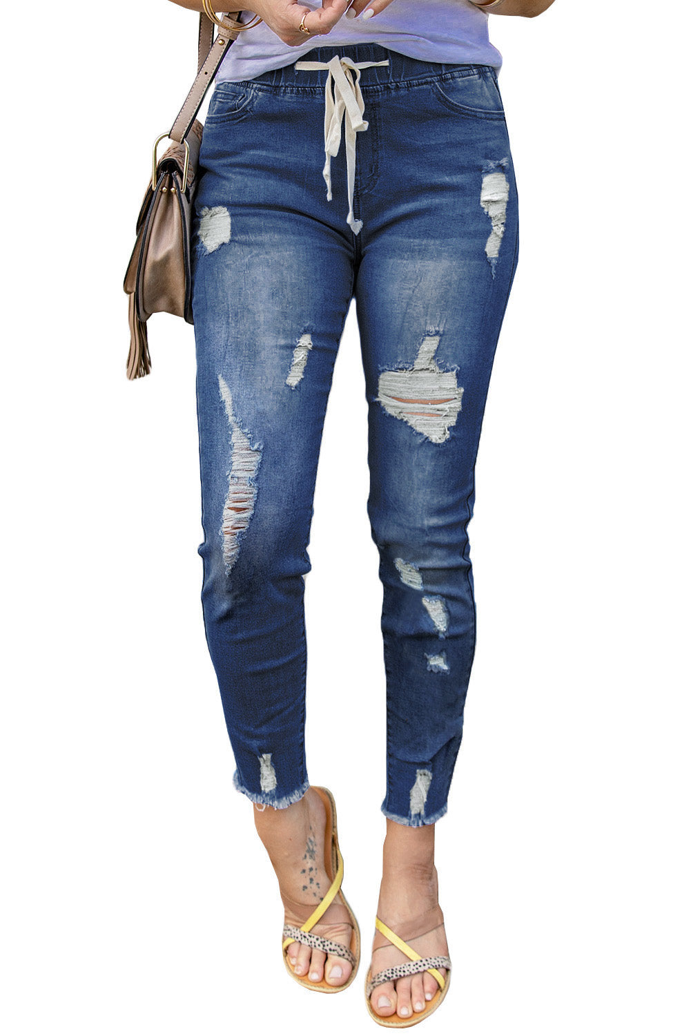 Blue Drawstring Elastic Waist Hole Ripped Jeans