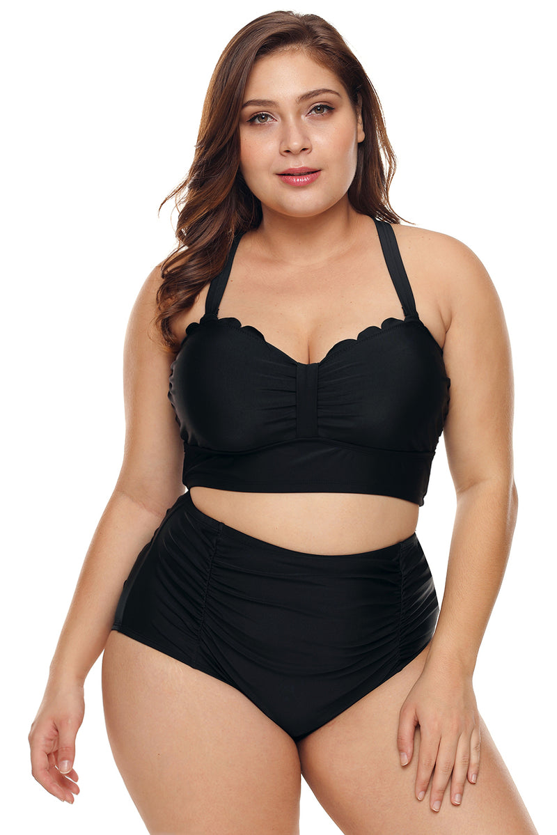 Black Plus Size Scalloped Detail High Waist Bikini Swimsuit