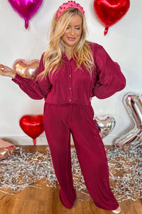 Rose Red Plus Size Ribbed Long Sleeve Shirt and Pants Pajama Set