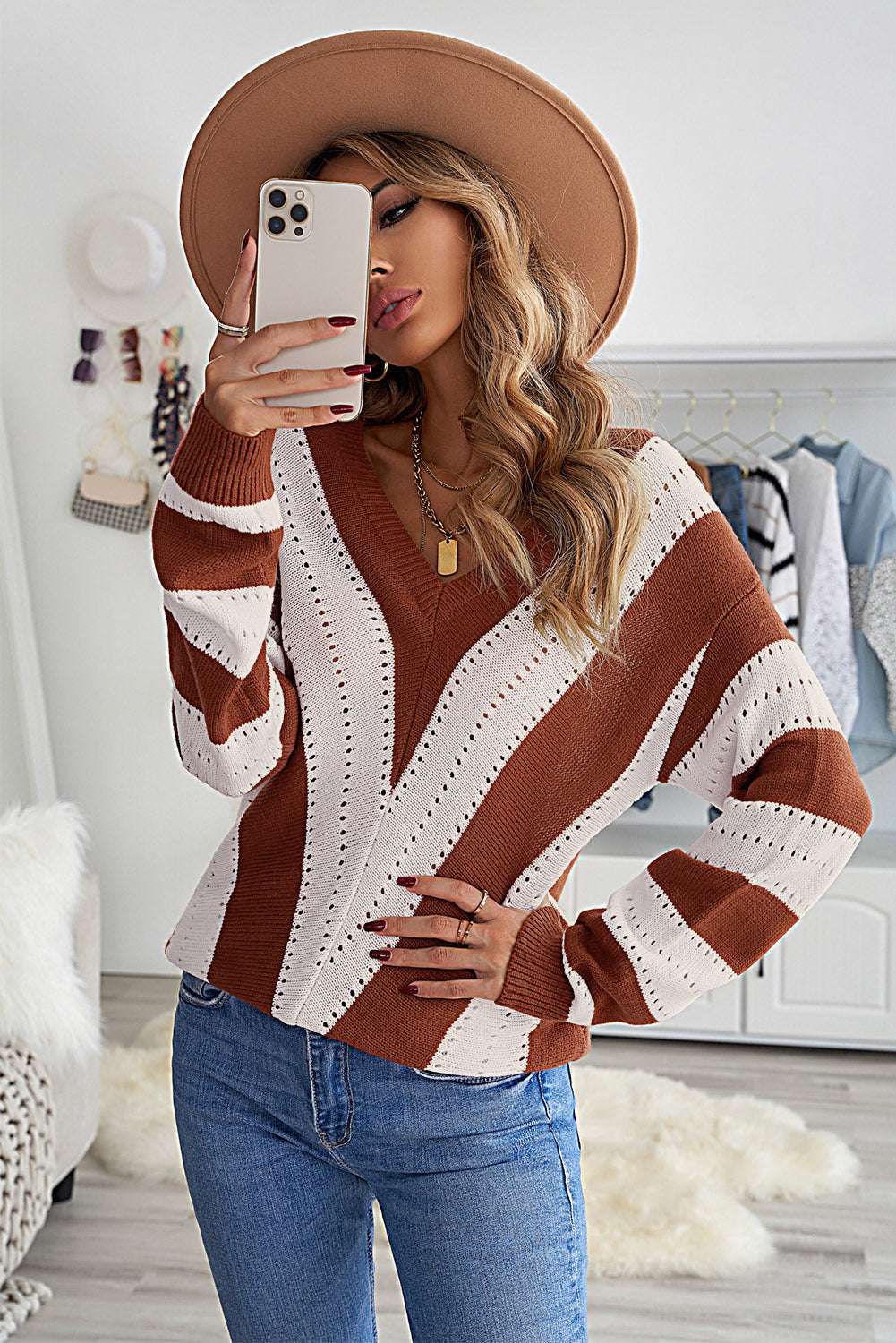 Gray Striped Colorblock V Neck Knitted Sweater