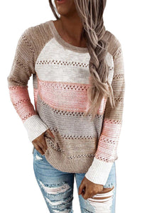 Wine Accent Knitted Color Block Long Sleeve Crew Neck Sweater