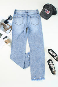 Sky Blue Washed Ripped Wide Leg High Waist Jeans