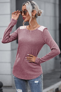 Pink Ribbed Knit Lace Patch Shoulder Casual Sweater