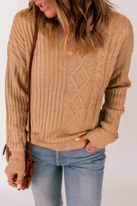 Khaki Multiple Pattern Knit Drop Shoulder Sweater