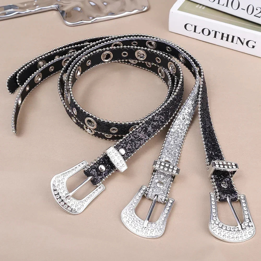 Y2K Women Fashion Solid Print Studded Full Rhinestone Belt PU Leather Bling Crystal Adjustable Glitter Waistband for Club Party