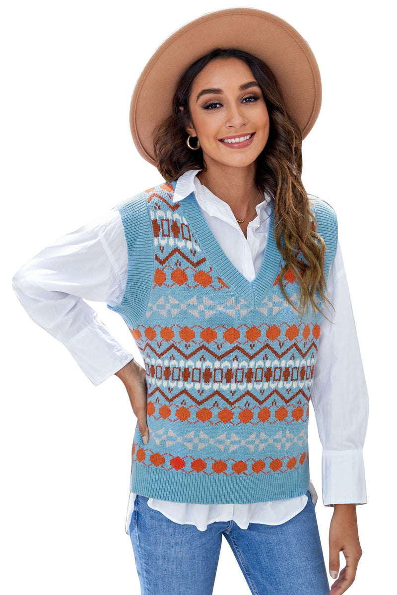 Sky Blue Tribal Print V Neck Knitted Sweater Vest