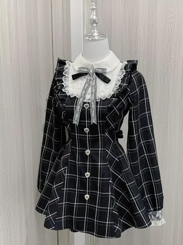 Harajuku Sweet Bow Black Plaid Dresses All-match Slim Fit Kawaii Lolita Dress for Women Autumn New Long Sleeve Vestidos De Mujer