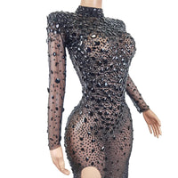 Luxury Sexy See Through Cocktail Gowns Sparkly Black Crystals Diamond African Women Long Prom Dresses for Birthday Party Cuican