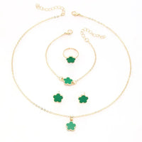 Lucky Five-petal Flower Clover Earrings Necklace Ring Bracelet Four-piece set for Woman Fashionable Accessories Party Jewelry