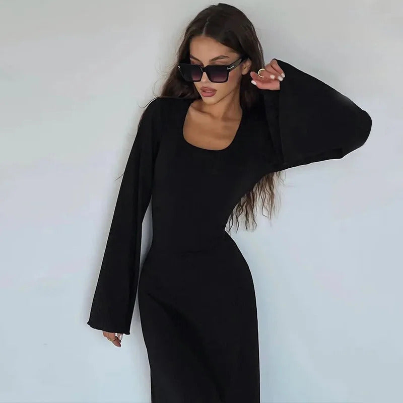 Long Flare Sleeved Maxi Floor-Length Dress Summer Solid Fashion Casual Office Lady Dresses for Women Slim Sexy Lace-up Vestidos