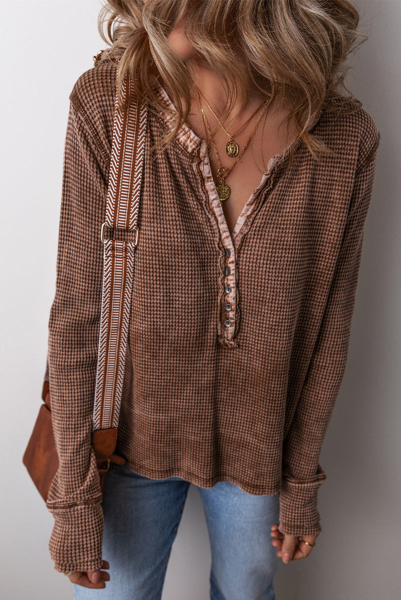 Coffee Acid Wash Waffle Knit Buttoned Neckline Long Sleeve Top