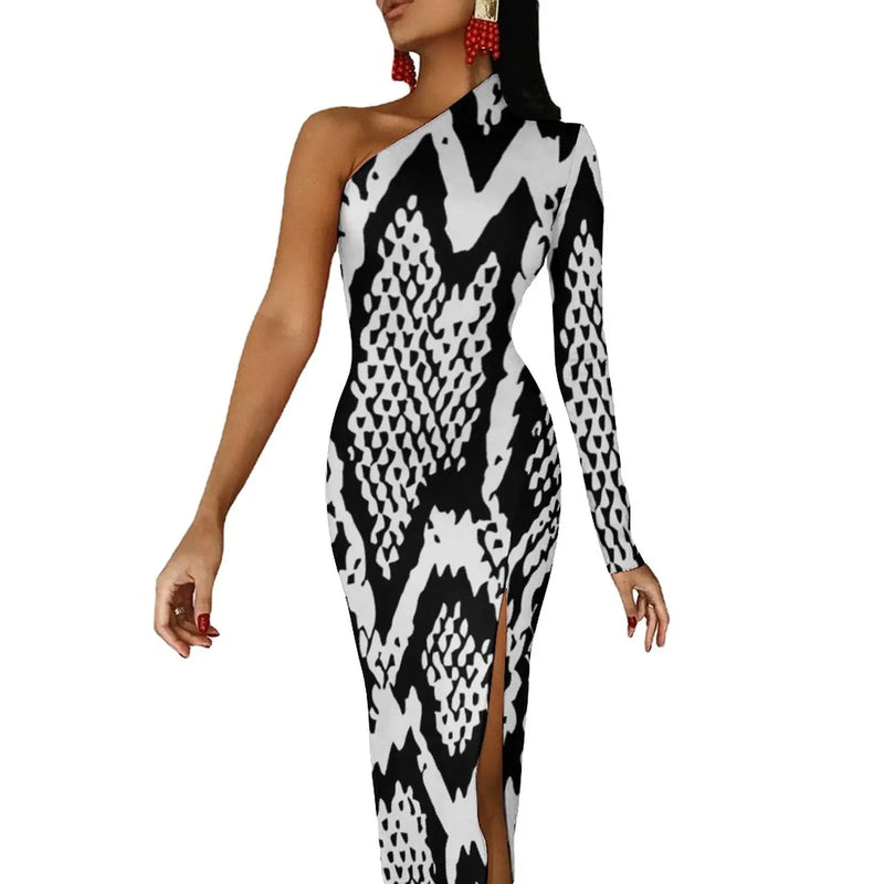 Snakeskin Bodycon Dress Summer Greys and Silvers Retro High Slit Long Dresses Long Sleeve Graphic Aesthetic Dress