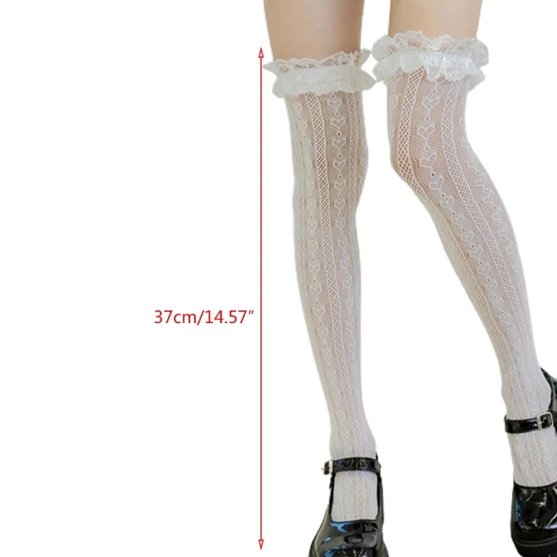 Women Lolita Fishnet Thigh High Socks Japanese Style Heart Striped Lace Patterned Over Knee Long Stockings Ruffled Frilly Kawaii