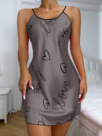 Heart Print Nightdress Elegant Scoop Neck Criss Cross Back Sleep Dress  Women's Sleepwear