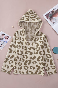 Leopard Drawstring Hooded Pullover Sweater