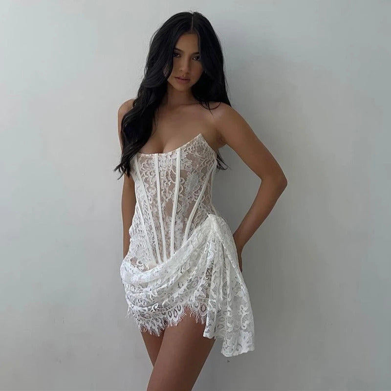 Candyhot Elegant Lace Strapless Sexy See-through Dress Bandage Irregular Mini Dress For Women Summer Slim Street Party Dress