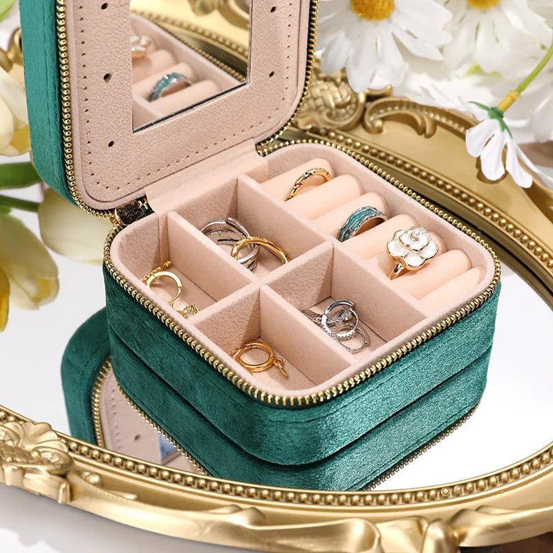 Velvet Jewelry Box For Women Geometric Sqaure Jewelry Storage Case Necklace Ring Earrings Travel Portable Zipper Boxes