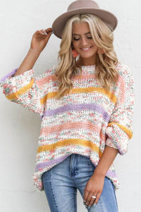 White Colorblock Stripe Lantern Sleeve Sweater