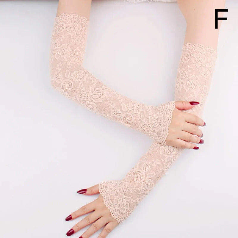 1 Pair Summer Women Sexy Lace Gloves Long Fingerless Mittens Ice Silk Sunscreen Arm Cover Elastic Sleeve Ladies Driving Gloves