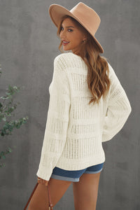 White Loose Long Sleeve V Neck Open Knit Sweater