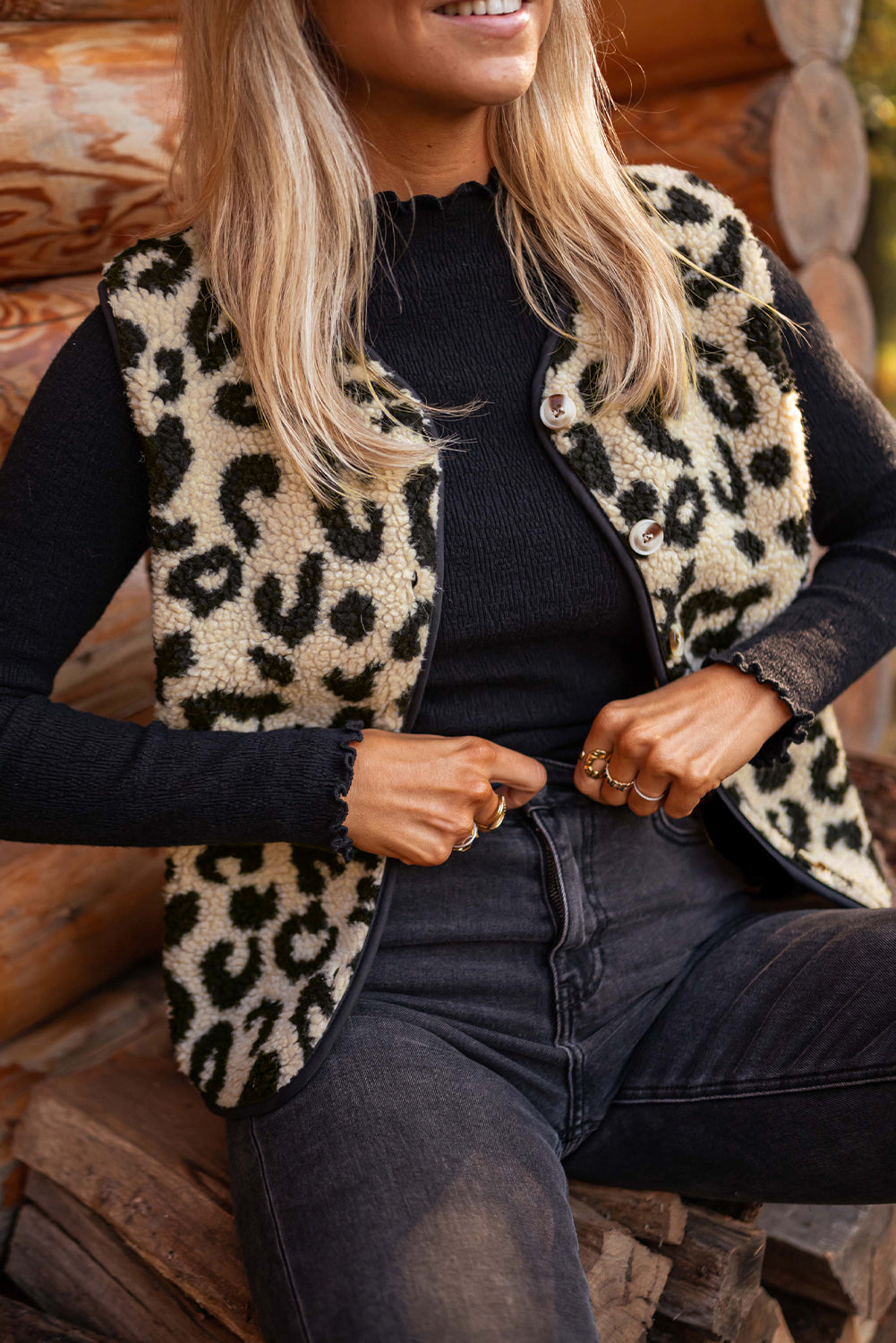 Black Leopard Print Sherpa Vest Coat