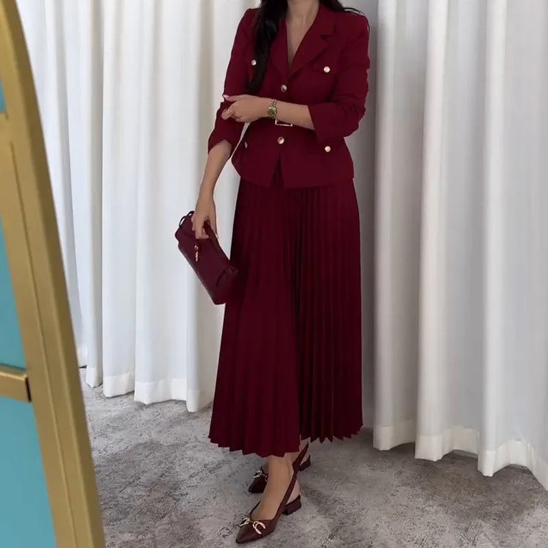 Elegant Women's Two Pieces Set Single-breasted Lapel Large Size Coat Belt Pleated Midi Skirt Suit 2025 Lady New In Matching Sets