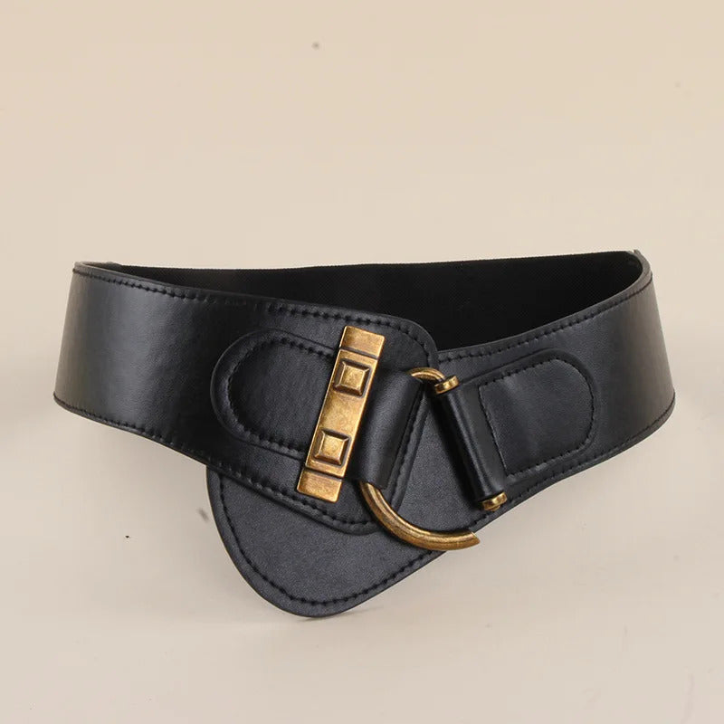 1pc Metal Buckle Wide Belt Elegant Elastic PU Girdle Women Trend, Elegant Lightweight Design for Dresses, Coats, and Suits