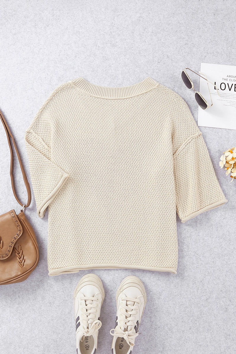 Beige V-neck Dropped Sleeve Heart Print Slouchy Shift Sweaters