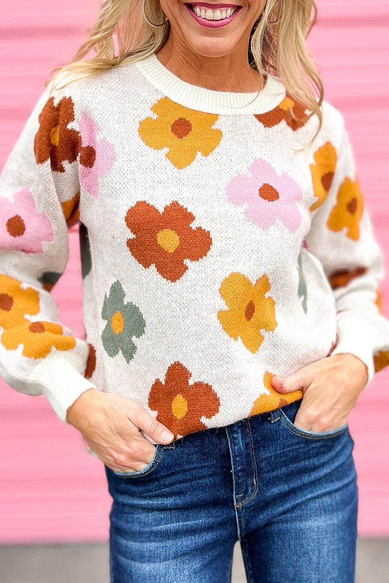 Pink Sweet Flower Knitted Ribbed Hem Sweater