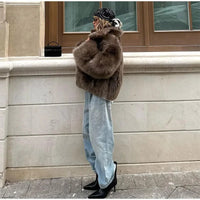 Lapel Brown Women Short Faux Fur Coat Luxurious Fluffy Long Sleeve Warm Jacket 2024 Autumn Winter Lady Solid High Street Outwear