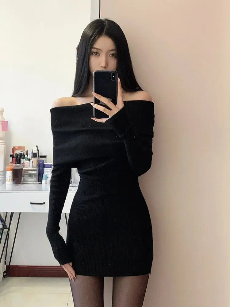 Sexy Dresses Women Backless Knitting Slim Y2k Girls Tender Korean Style Soft Casual Autumn Slash Neck Hotsweet Cozy New Clubwear