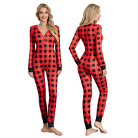 Women Buttoned Flap Jumpsuits Sleepwear Cow Printed Long Sleeve V Neck Bodycon Romper Spring Fall Loungewear