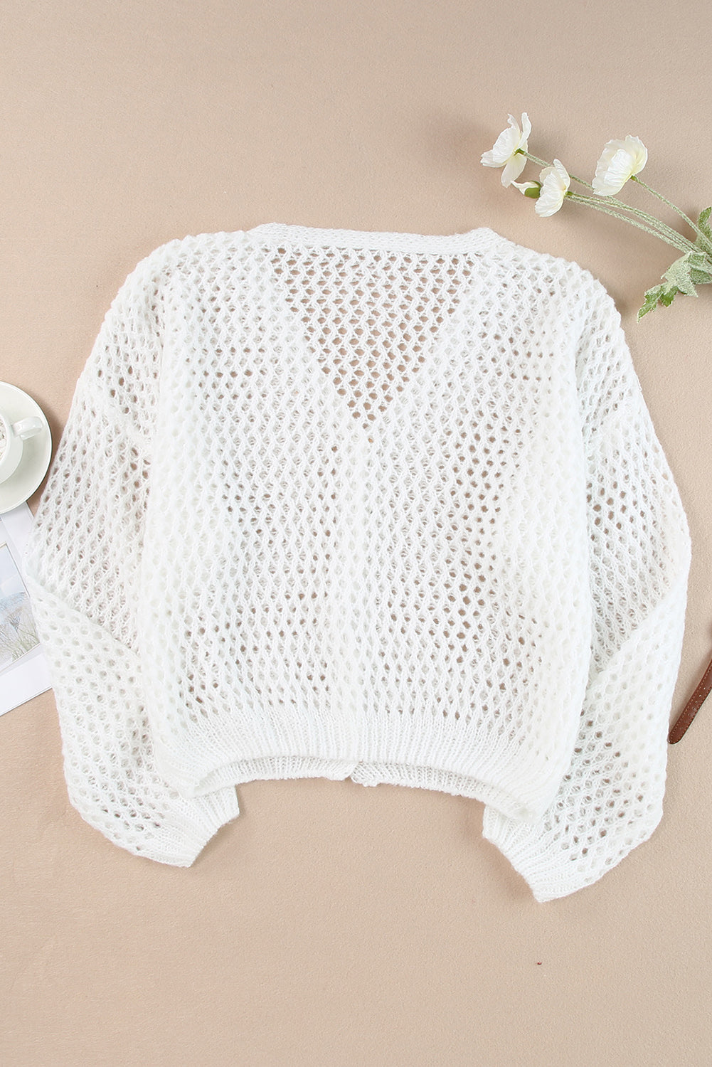 White Hollowed Knit Dolman Sleeve Sweater Cardigan