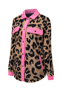 Leopard Contrast Trimmed Leopard Teddy Shacket