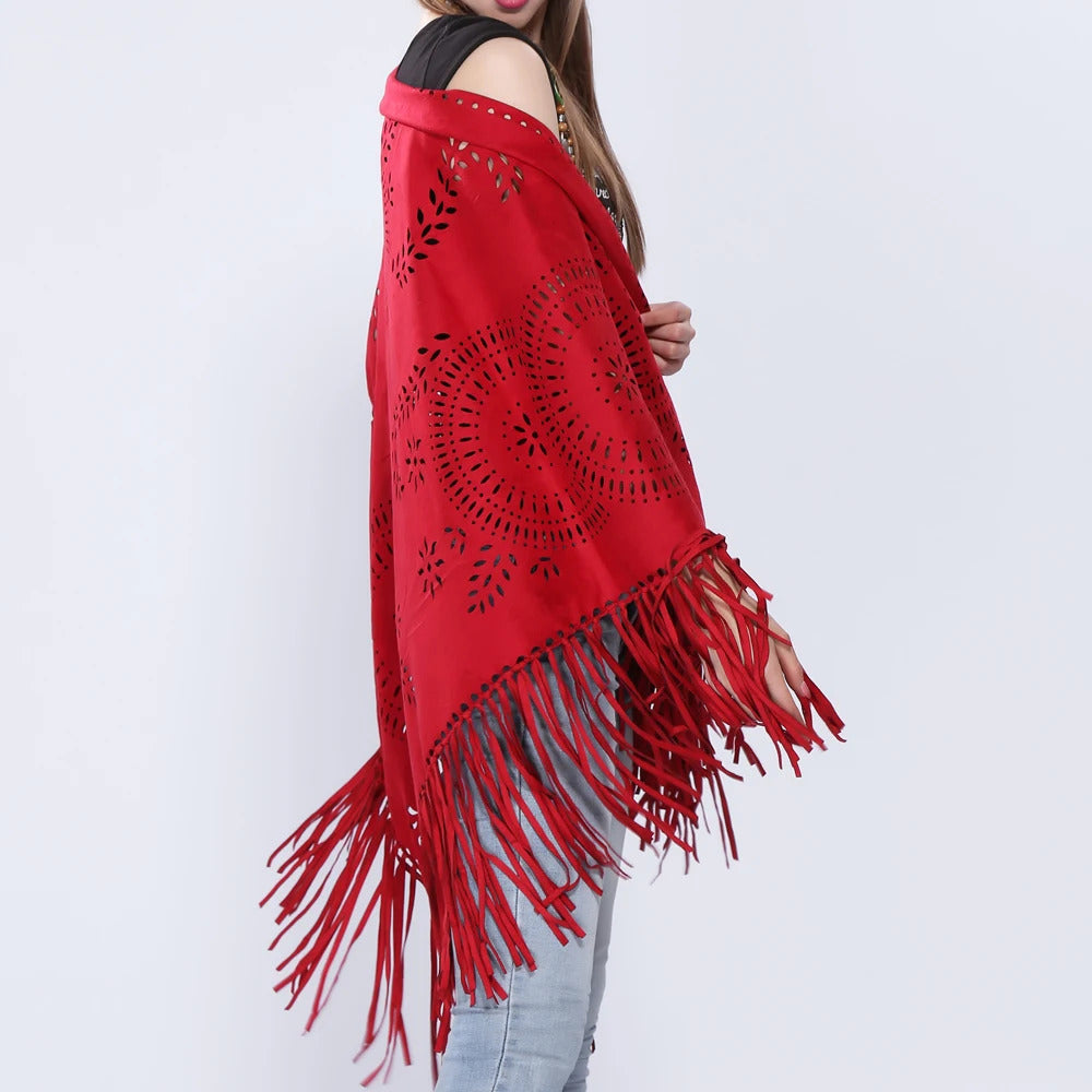 Women's Loose Suede Fringe Open Poncho Cloak Shawl Wrap with Punch Hole Patterns and Graceful Fringes Dropshipping