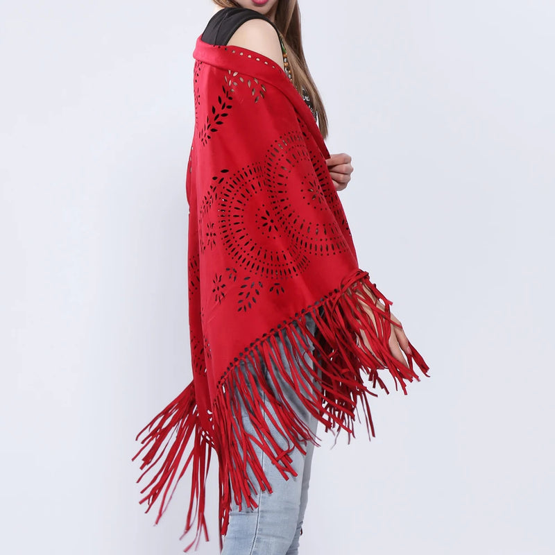 Women's Loose Suede Fringe Open Poncho Cloak Shawl Wrap with Punch Hole Patterns and Graceful Fringes Dropshipping