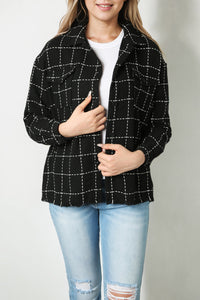 Black Contrast Lattice Textured Buttons Flap Pocket Shacket