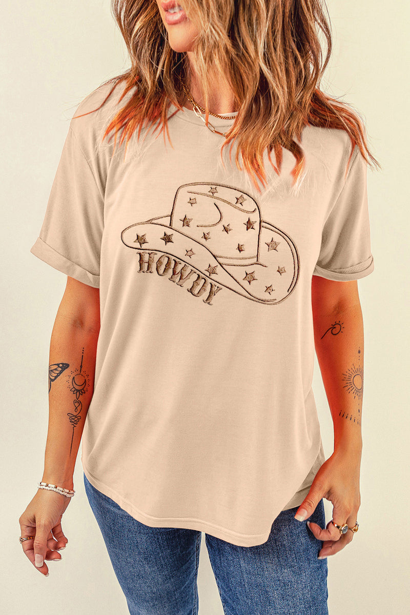 Khaki HOWDY Cowboy Hat Embroidered Graphic Tee