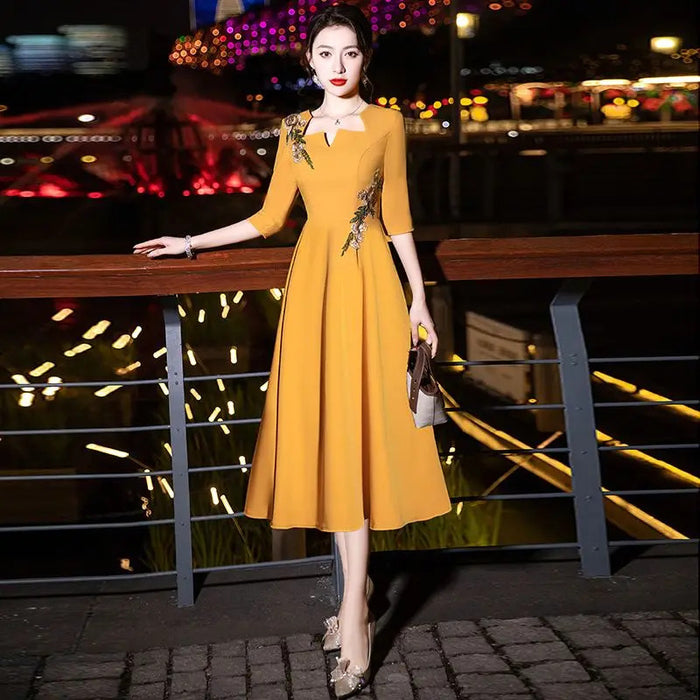 Elegant Embroidery Solid Dresses Vintage Reunion Women's Clothing Graphic Square Collar Spring Summer Thin Knee Skirts Skinny