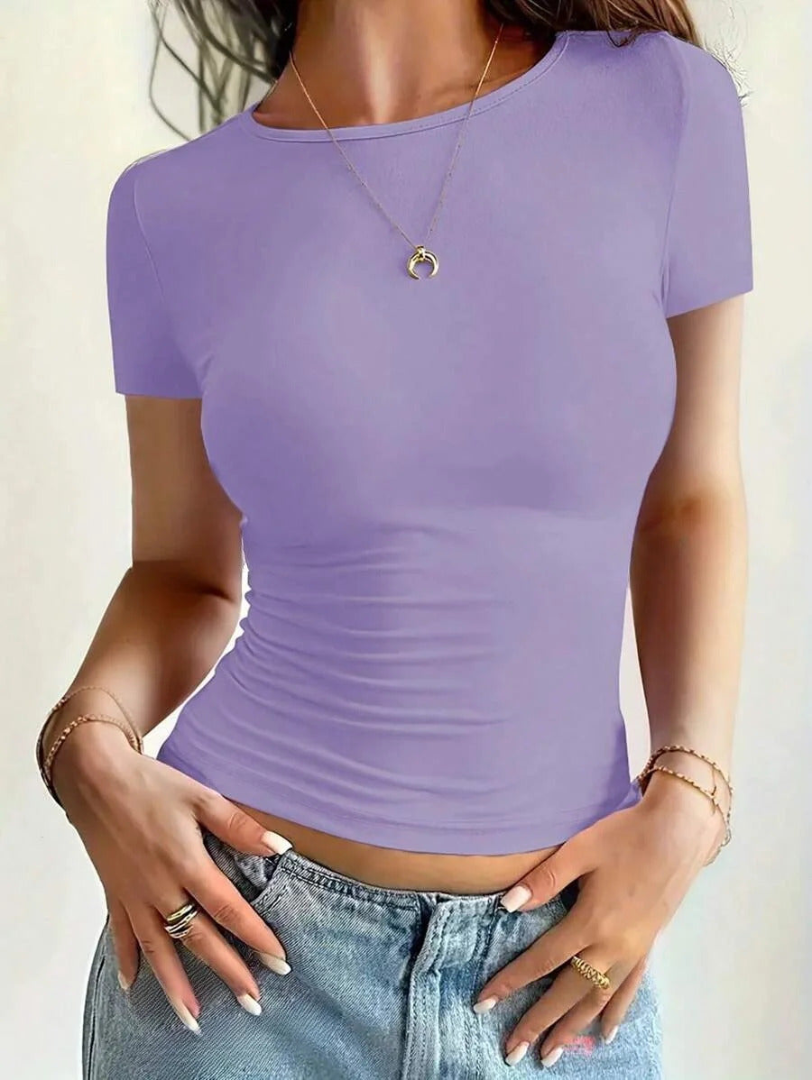 Womens Basic T-Shirts Scoop Neck Short Sleeve Crop Tops Cute Summer Tops Slim Fit Tees Y2k Clothing 2024