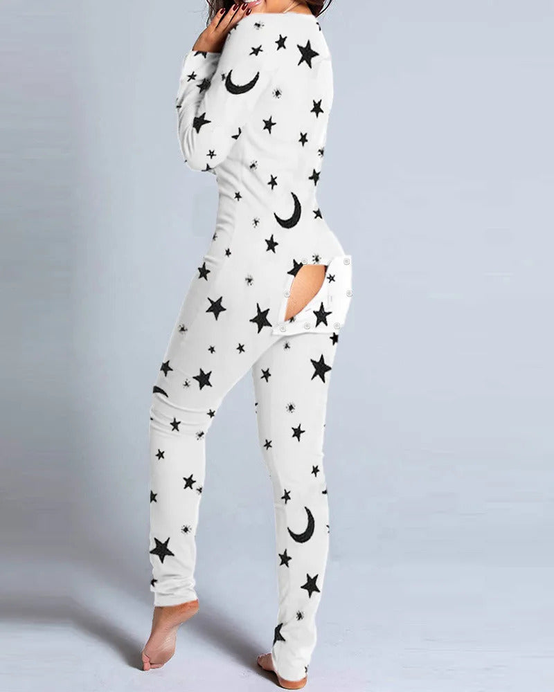 Sexy Pyjama Women's Jumpsuit Suit Button-down Front Back Butt Bum open Ass Flap Jumpsuit Loungewear Christmas Print Buttoned