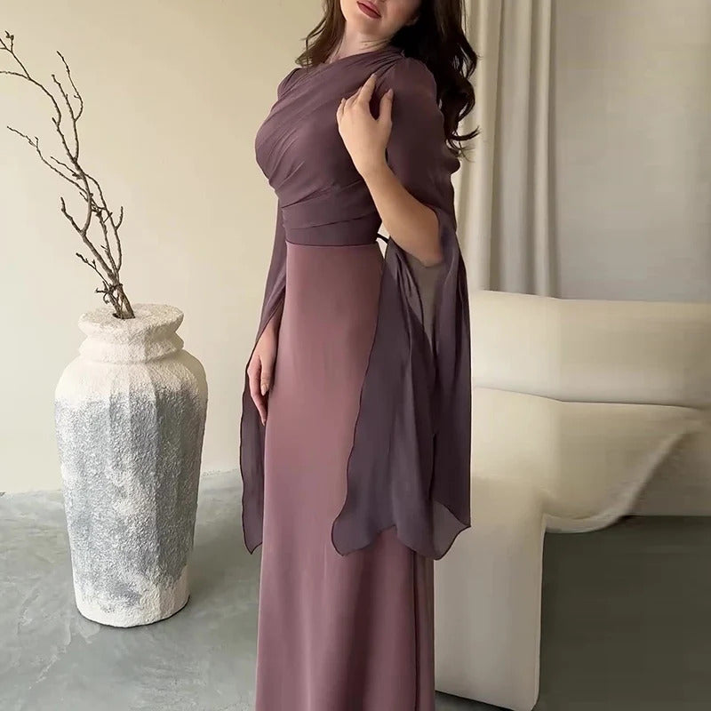 Fashion Satin Solid Robe Dress Ladies Temperament O-neck Slim Evening Dress Elegant Batwing Sleeves High Waist Pleats Long Dress