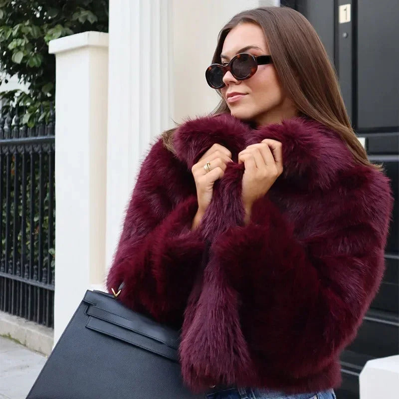 Wine Red Fluffy Faux Fur Short Coat Women Elegant Full Sleeve Warm Lapel Jacket New Winter Woman Commuter Outerwear 2024